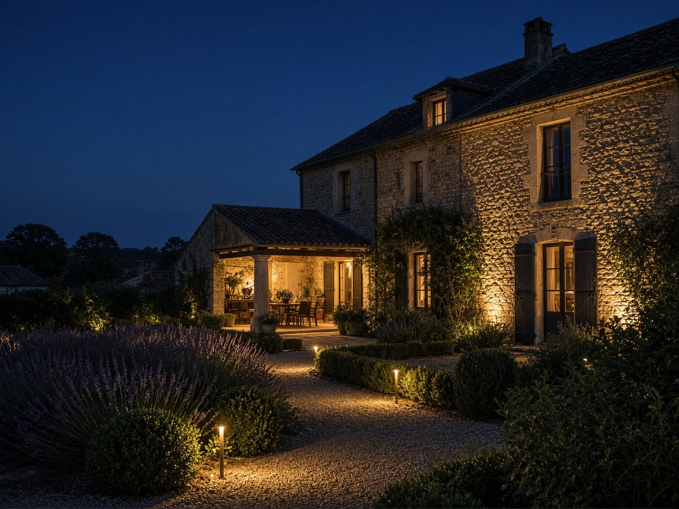 Mise en lumière de maison en pierre la nuit